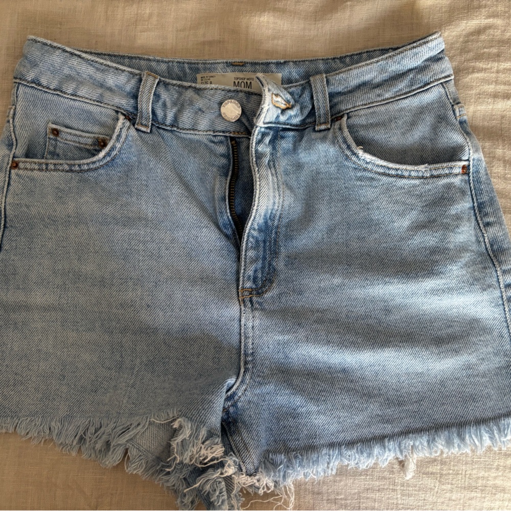 Topshop Moto Mom Light Blue Frayed Denim Shorts